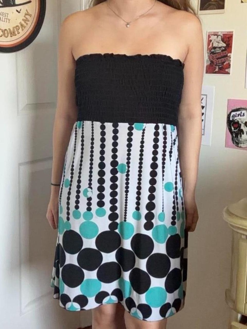 Speechless Black Strapless Dress with Teal and White Polka Dot Skirt